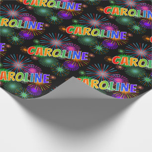 Papel De Regalo Nombre CAROLINE con arcoíris + Fuegos artificiales