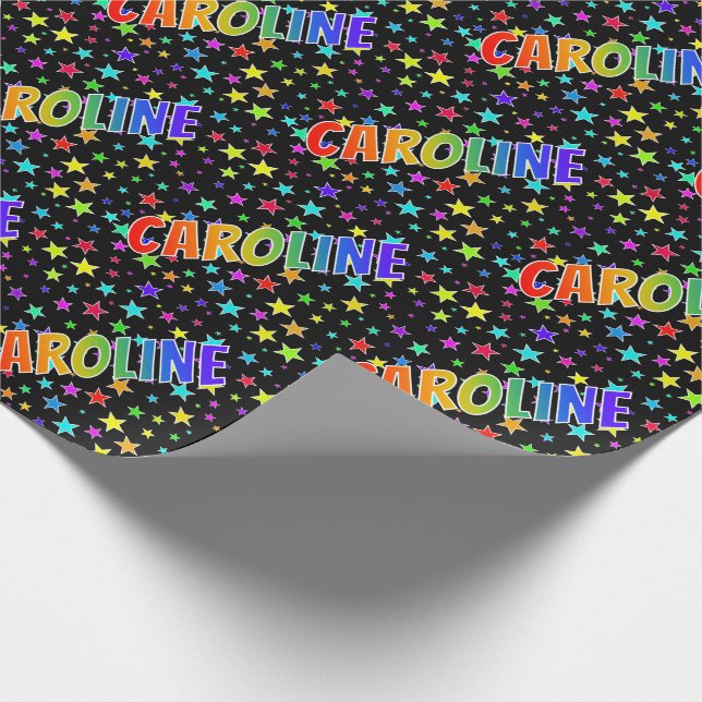 Papel De Regalo Nombre "CAROLINE" del arco iris + Estrellas (Esquina)