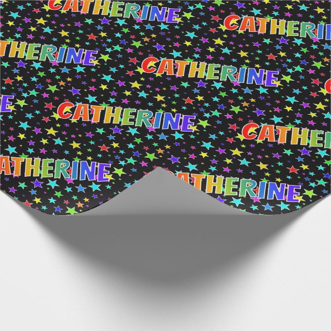 Papel De Regalo Nombre "CATHERINE" Arcoíris + Estrellas (Esquina)