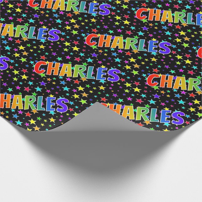 Papel De Regalo Nombre "CHARLES" con Arcoíris + Estrellas (Esquina)