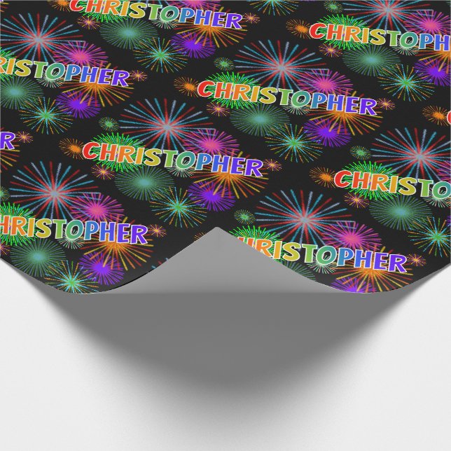 Papel De Regalo Nombre CHRISTOPHER con Arcoíris + Fuegos Artificia (Esquina)