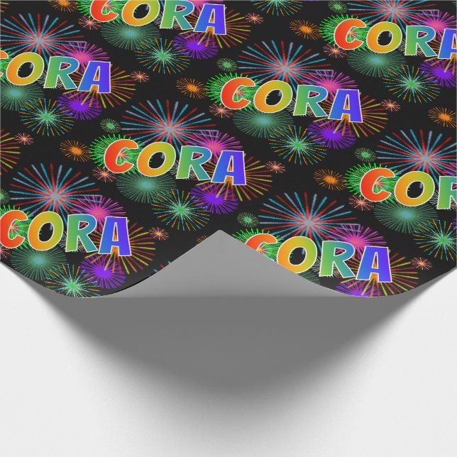 Papel De Regalo Nombre CORA de arcoíris + Fuegos artificiales (Esquina)