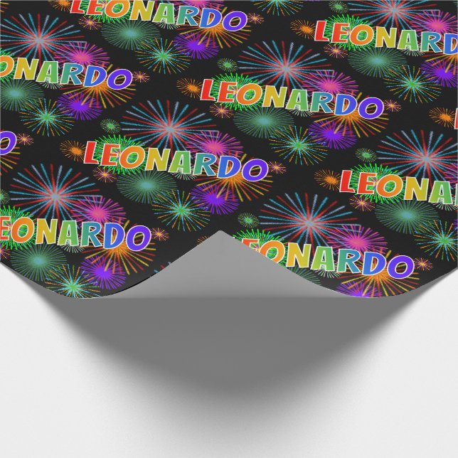 Papel De Regalo Nombre de arcoíris "LEONARDO" + Fuegos artificiale (Esquina)