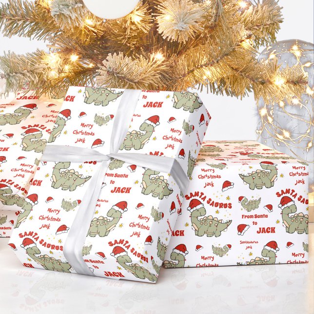 Papel De Regalo Nombre de Dinosaurio Santasauro de los Navidades C (Cute Christmas Dinosaur Santasaurus Name Wrapping Paper)