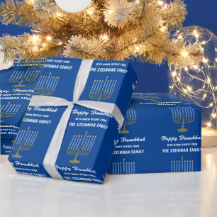 Papel De Regalo Nombre de familia Feliz Hanukkah Menorah Oro azul