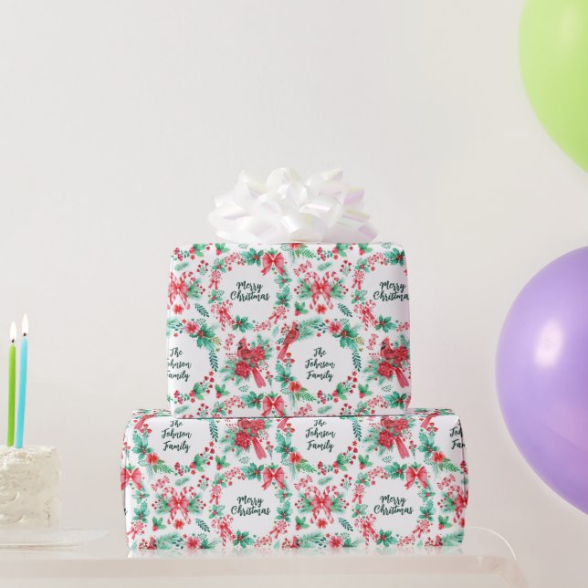 Papel De Regalo Nombre de familia Monograma Navidad Wreath (Regalos de fiesta)