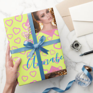 Papel De Regalo Nombre de foto del patrón de corazón rosado