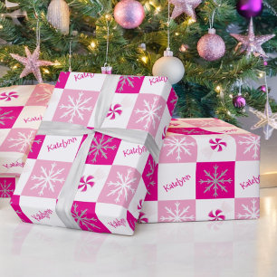 Papel De Regalo Nombre de menta y copos de nieve rosados y platead