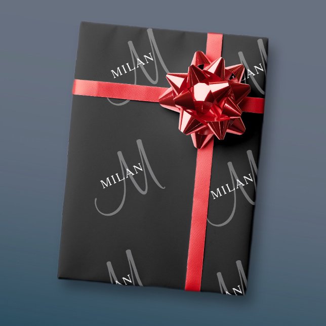 Papel De Regalo Nombre de monograma elegante | Negro Blanco y Gris (Subido por el creador)