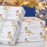 Papel De Regalo Nombre de niño personalizado de dinosaurio navidad<br><div class="desc">Feliz Navidad Niños personalizados Nombra papel de envolvimiento blanco de dinosaurios festivos. Cute Parasaurolophus Santa Dino navidades crujiente y blanco Envuelto Regalo a tus Navidades con diversión festiva! Este papel de envolvimiento personalizado de Navidades de dinosaurios presenta un divertido parasaurolophus vestido como Santa, ambientado con un fondo blanco moderno de...</div>