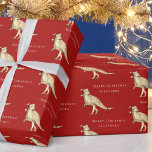 Papel De Regalo Nombre de niño personalizado de dinosaurio navidad<br><div class="desc">Feliz Navidad Niños personalizados Nombra papel de envolvimiento rojo de dinosaurio festivo. Cute Parasaurolophus Santa Dino navidades rojo regalo Envuelto a sus Navidades regalos rugir con diversión festiva! Este papel de envolvimiento personalizado de Navidades de dinosaurios presenta un divertido parasaurolophus vestido como Santa, ambientado con un fondo rojo Navidad con...</div>