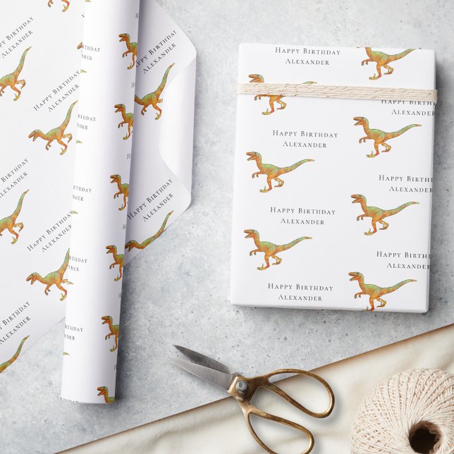 Papel De Regalo Nombre de niño personalizado Dinosaurio de cumplea (Personalized boy name Dinosaur velociraptor happy birthday gift wrapping paper Jurassic dino raptor)