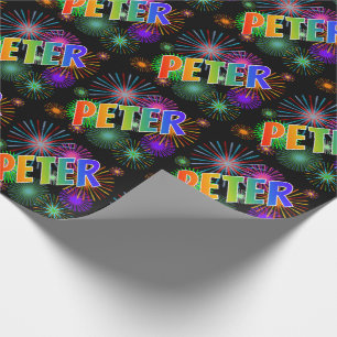 Papel De Regalo Nombre de Peter con arcoiris y fuegos artificiales