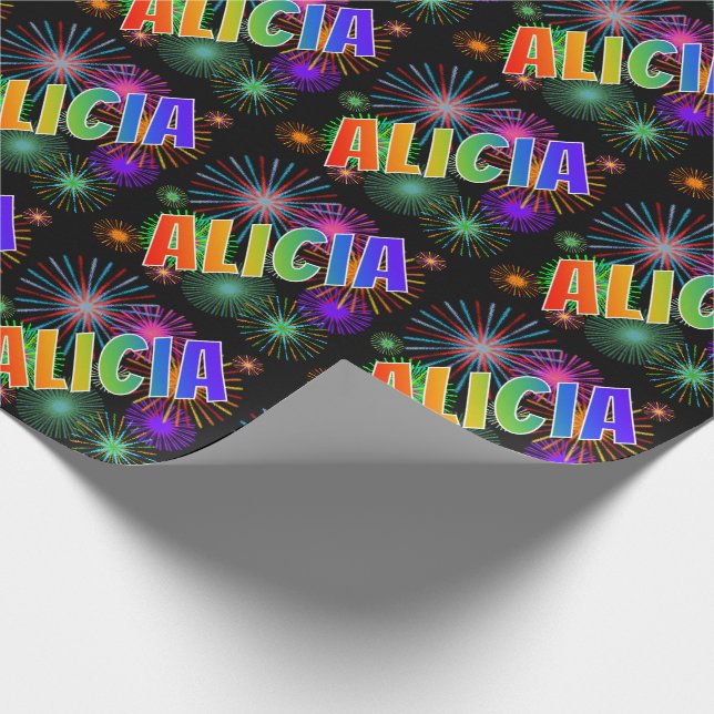 Papel De Regalo Nombre del arcoiris "ALICIA" + Fuegos artificiales (Esquina)