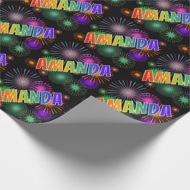 Papel De Regalo Nombre del arcoiris "AMANDA" + Fuegos artificiales (Esquina)