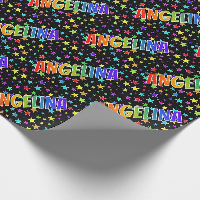 Papel De Regalo Nombre del arcoiris "ANGELINA" + Estrellas (Esquina)