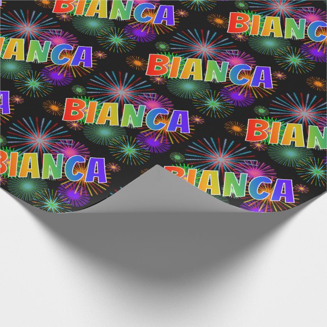 Papel De Regalo Nombre del arcoiris "BIANCA" + Fuegos artificiales (Esquina)