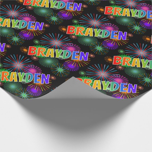 Papel De Regalo Nombre del arcoiris "BRAYDEN" + Fuegos artificiale (Esquina)
