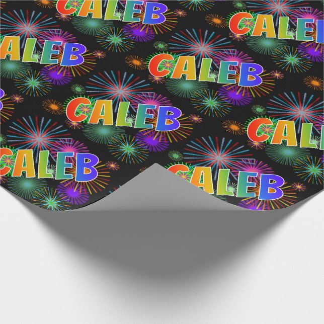 Papel De Regalo Nombre del arcoiris "CALEB" + Fuegos artificiales (Esquina)