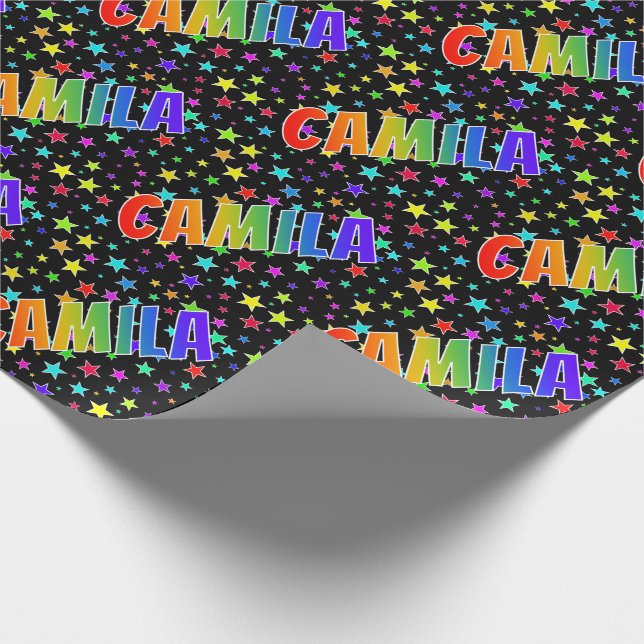 Papel De Regalo Nombre del arcoiris "CAMILA" + Estrellas (Esquina)