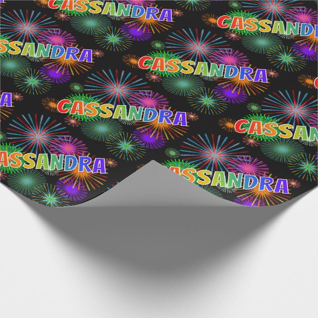 Papel De Regalo Nombre del arcoiris "CASSANDRA" + Fuegos artificia (Esquina)