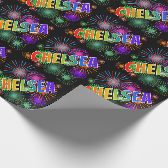 Papel De Regalo Nombre del arcoiris "CHELSEA" + Fuegos artificiale (Esquina)
