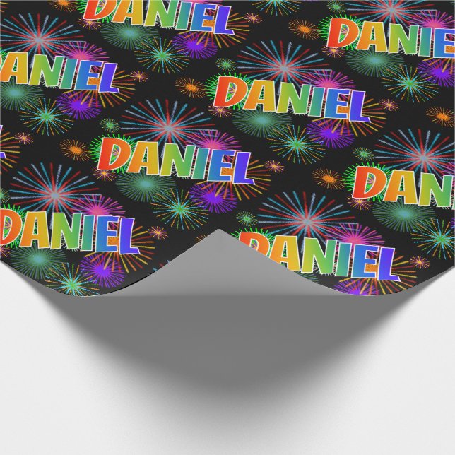 Papel De Regalo Nombre del arcoiris "DANIEL" + Fuegos artificiales (Esquina)