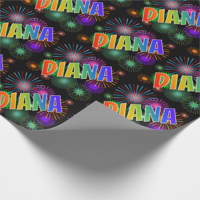 Papel De Regalo Nombre del arcoiris "DIANA" + fuegos artificiales (Esquina)