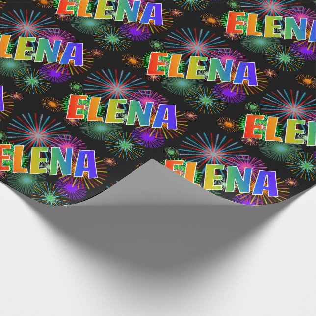 Papel De Regalo Nombre del arcoiris "ELENA" + Fuegos artificiales (Esquina)