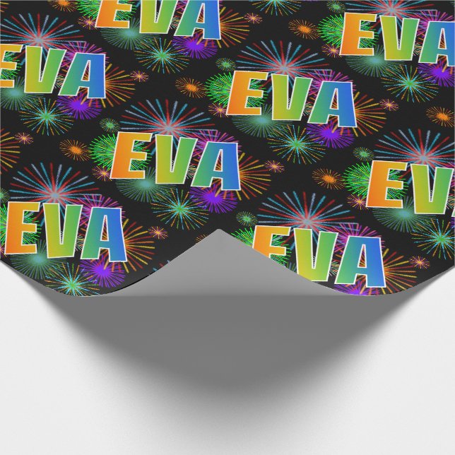 Papel De Regalo Nombre del arcoiris "EVA" + Fuegos artificiales (Esquina)