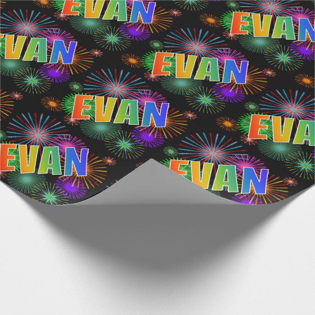 Papel De Regalo Nombre del arcoiris "EVAN" + Fuegos artificiales (Esquina)