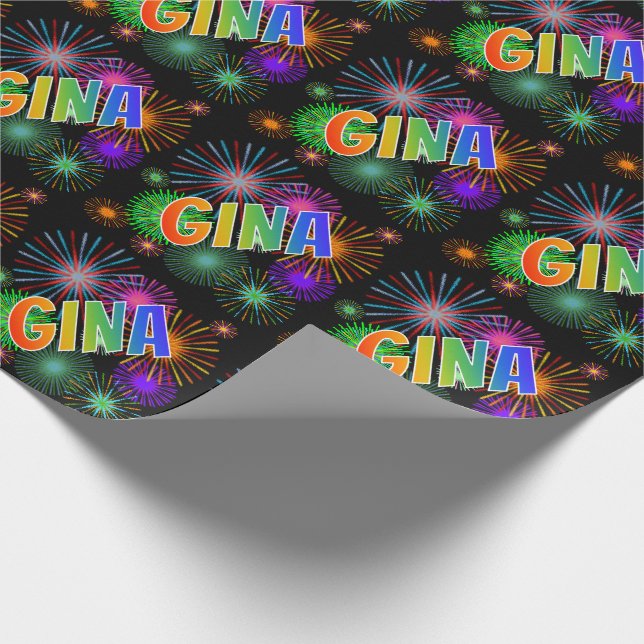 Papel De Regalo Nombre del arcoiris "GINA" + Fuegos artificiales (Esquina)
