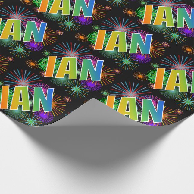 Papel De Regalo Nombre del arcoiris "IAN" + Fuegos artificiales (Esquina)