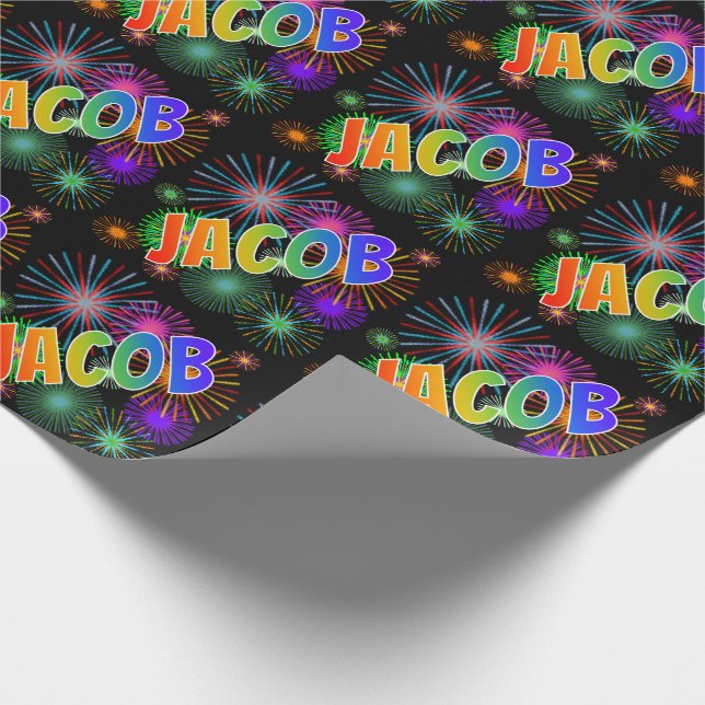 Papel De Regalo Nombre del arcoiris "JACOB" + Fuegos artificiales (Esquina)