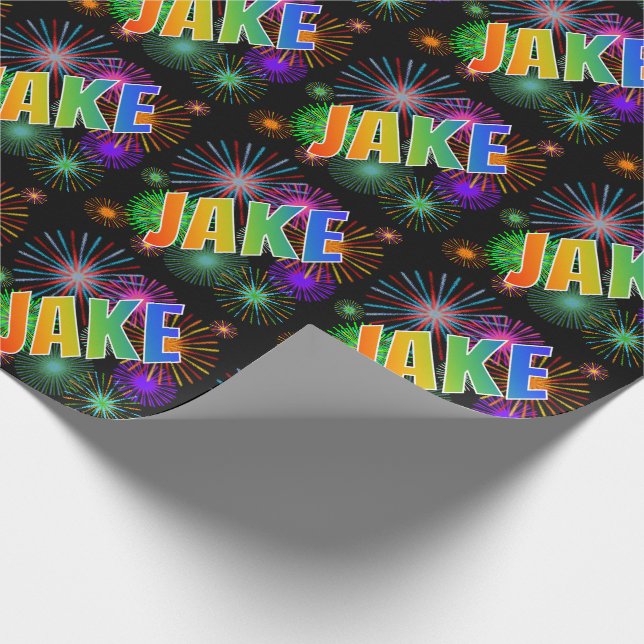 Papel De Regalo Nombre del arcoiris "JAKE" + Fuegos artificiales (Esquina)