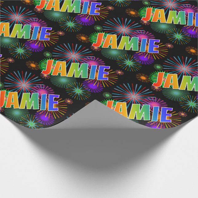 Papel De Regalo Nombre del arcoiris "JAMIE" + Fuegos artificiales (Esquina)