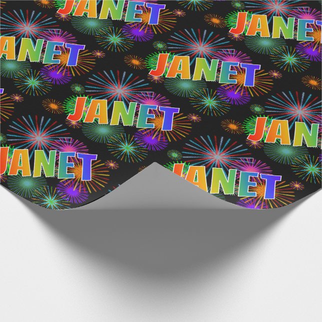 Papel De Regalo Nombre del arcoiris "JANET" + Fuegos artificiales (Esquina)