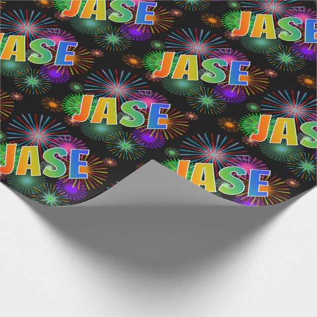 Papel De Regalo Nombre del arcoiris "JASE" + Fuegos artificiales (Esquina)