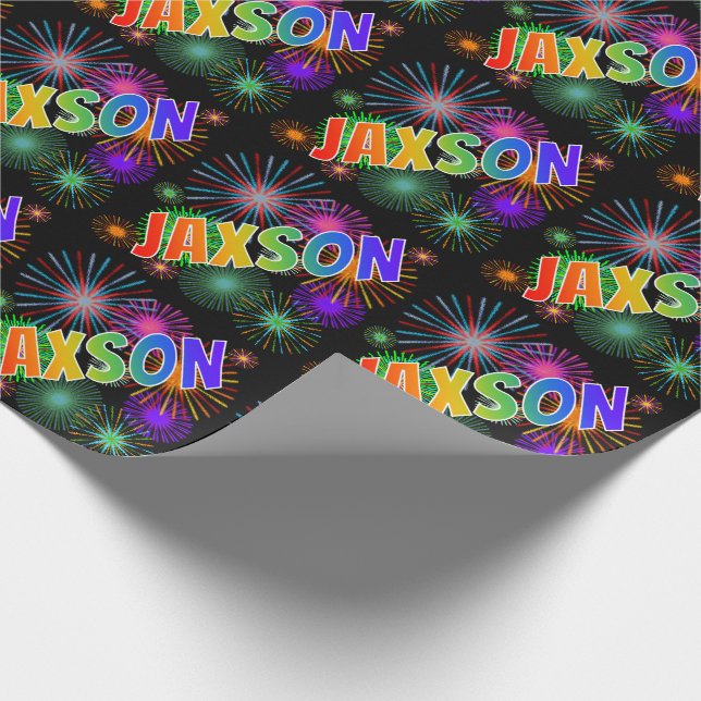 Papel De Regalo Nombre del arcoiris "JAXSON" + Fuegos artificiales (Esquina)