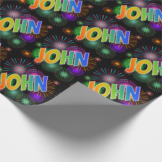Papel De Regalo Nombre del arcoiris "JOHN" + Fuegos artificiales (Esquina)