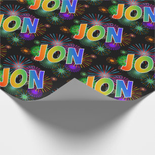Papel De Regalo Nombre del arcoiris "JON" + Fuegos artificiales