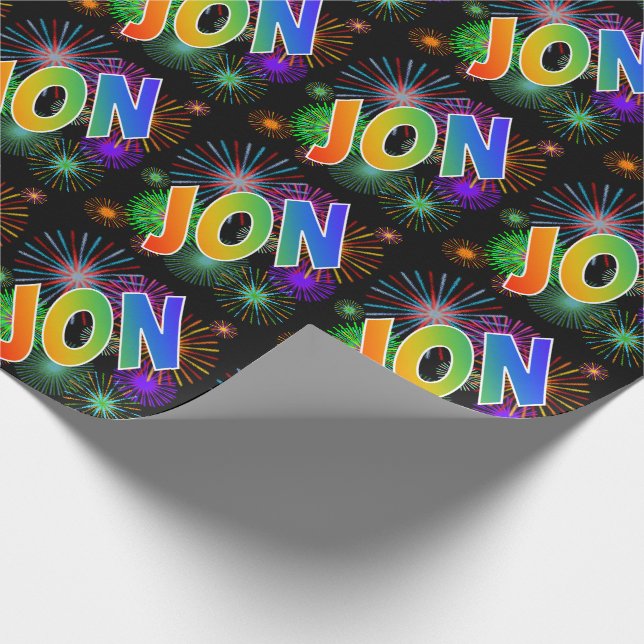 Papel De Regalo Nombre del arcoiris "JON" + Fuegos artificiales (Esquina)