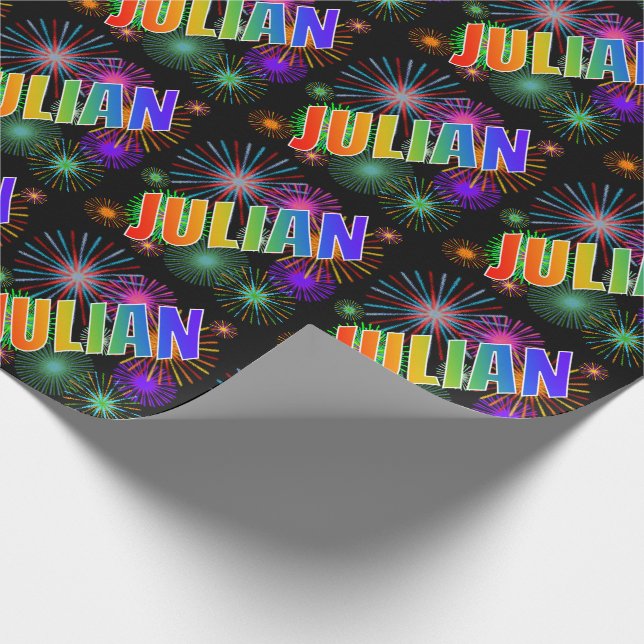 Papel De Regalo Nombre del arcoiris "JULIAN" + Fuegos artificiales (Esquina)