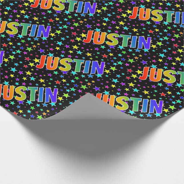 Papel De Regalo Nombre del arcoiris "JUSTIN" + Estrellas (Esquina)