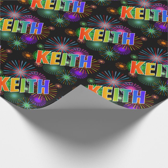 Papel De Regalo Nombre del arcoiris "KEITH" + Fuegos artificiales (Esquina)