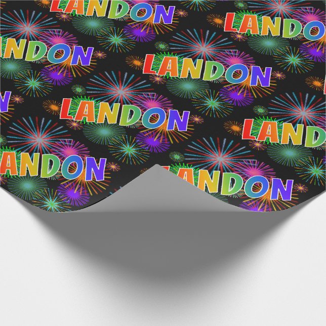 Papel De Regalo Nombre del arcoiris "LANDON" + Fuegos artificiales (Esquina)