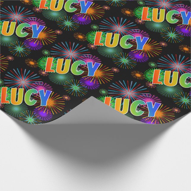 Papel De Regalo Nombre del arcoiris "LUCY" + Fuegos artificiales (Esquina)