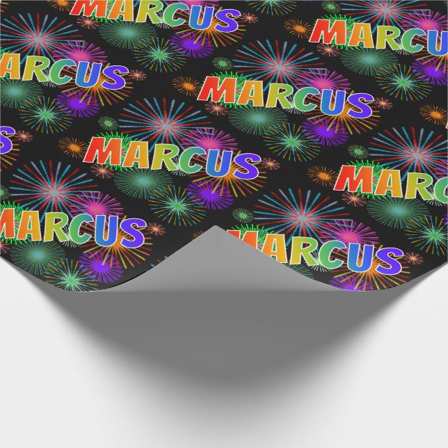 Papel De Regalo Nombre del arcoiris "MARCUS" + Fuegos artificiales (Esquina)