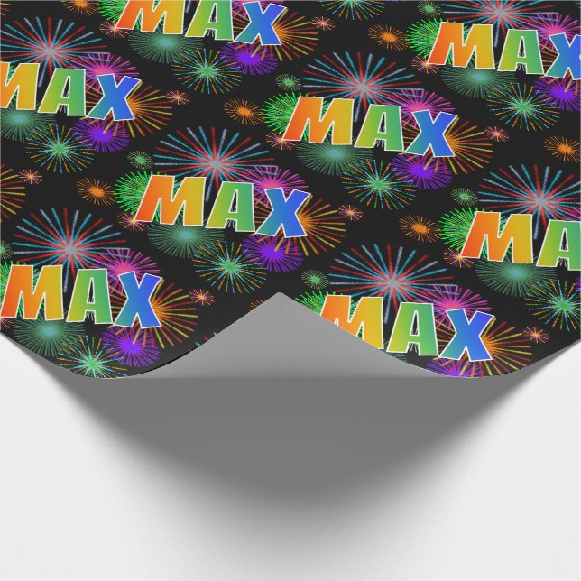 Papel De Regalo Nombre del arcoiris "MAX" + Fuegos artificiales (Esquina)