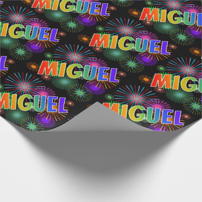 Papel De Regalo Nombre del arcoiris "MIGUEL" + Fuegos artificiales (Esquina)